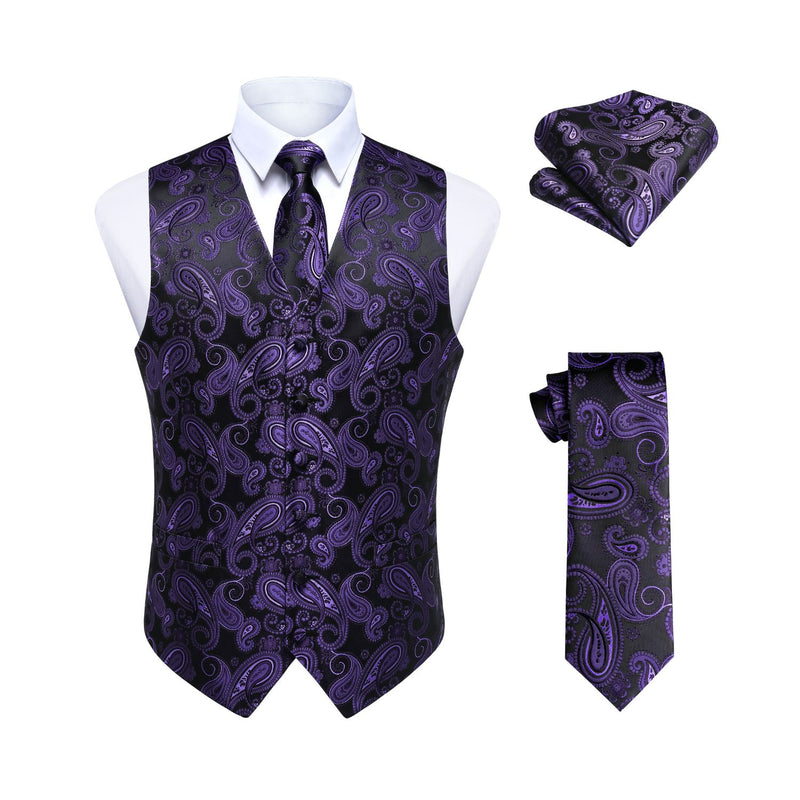 Paisley Vest Tie Handkerchief Set - PURPLE & BLACK