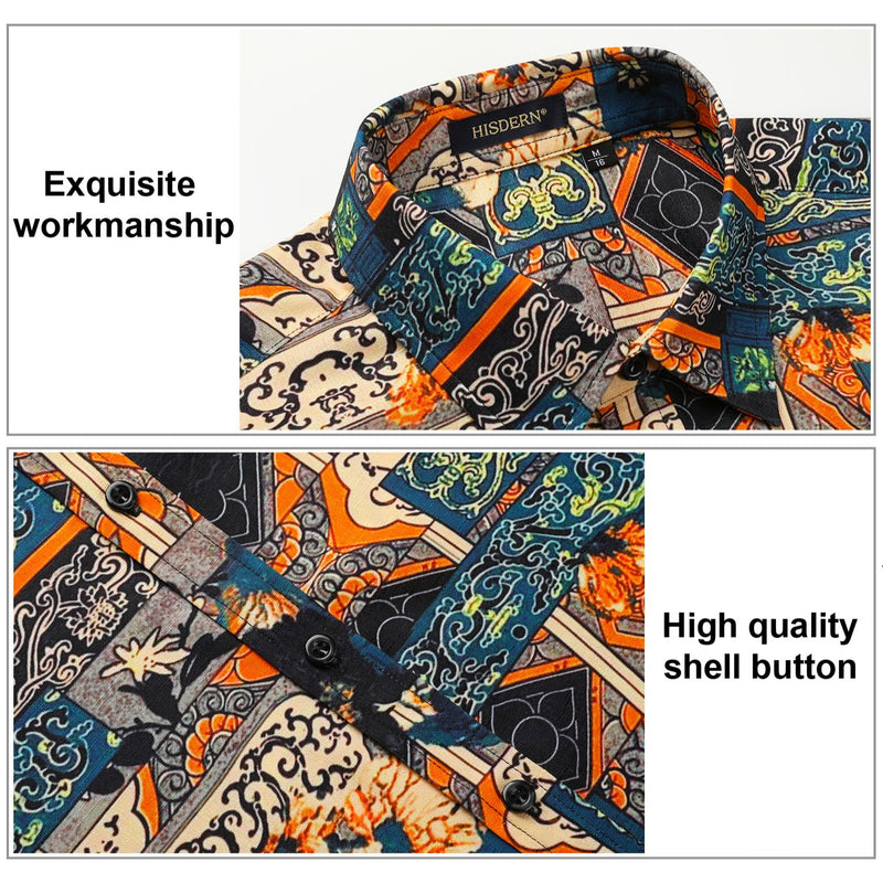 Hawaiian Tropical Shirts with Pocket - NAVY BLUE/ORANGE 