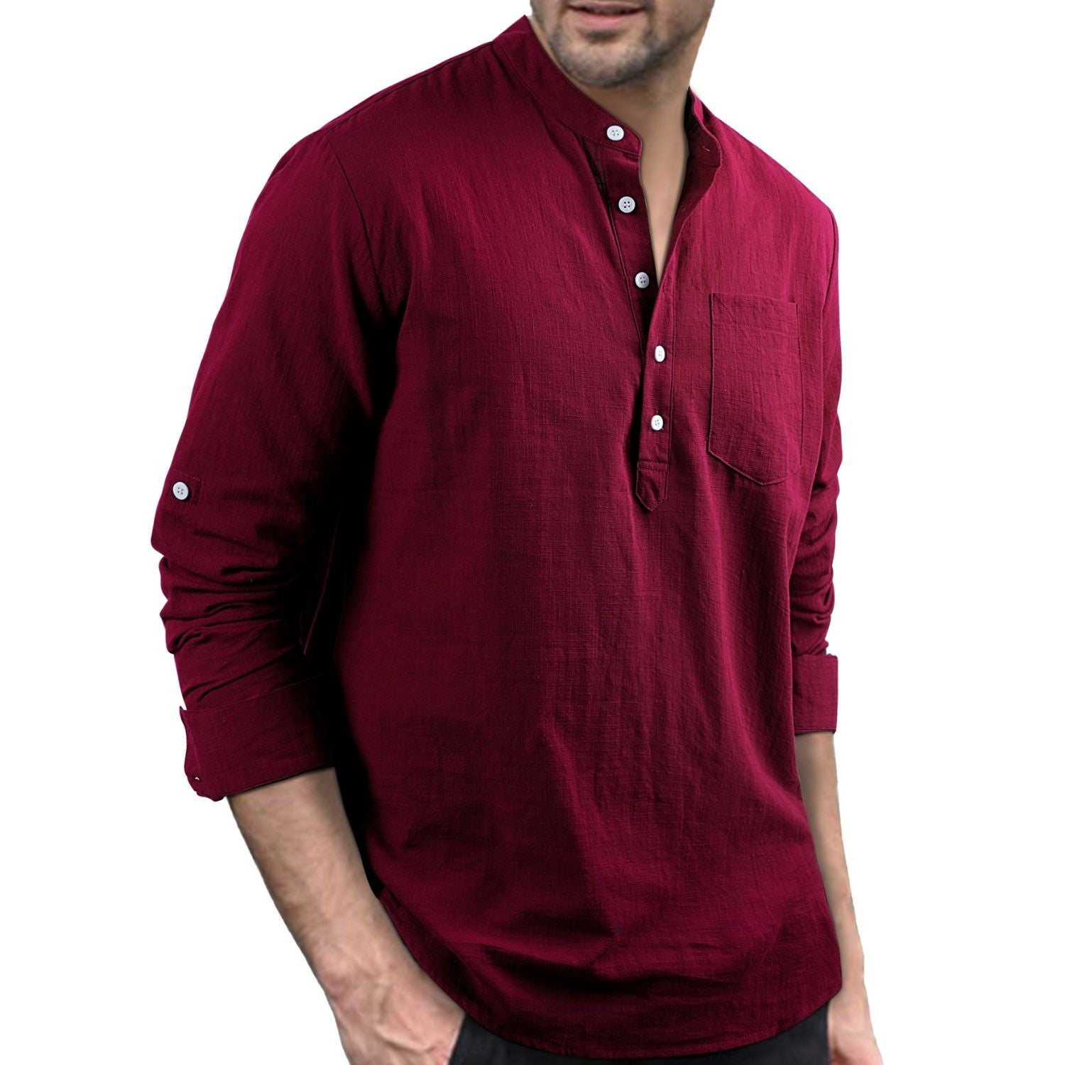 Casual Henley Shirt with Pocket - BURGUNDY