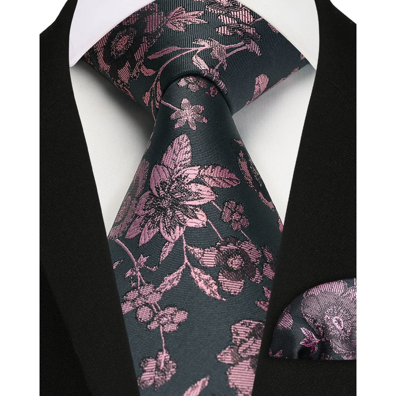 Floral Tie Handkerchief Set - 33PINK/BLACK 