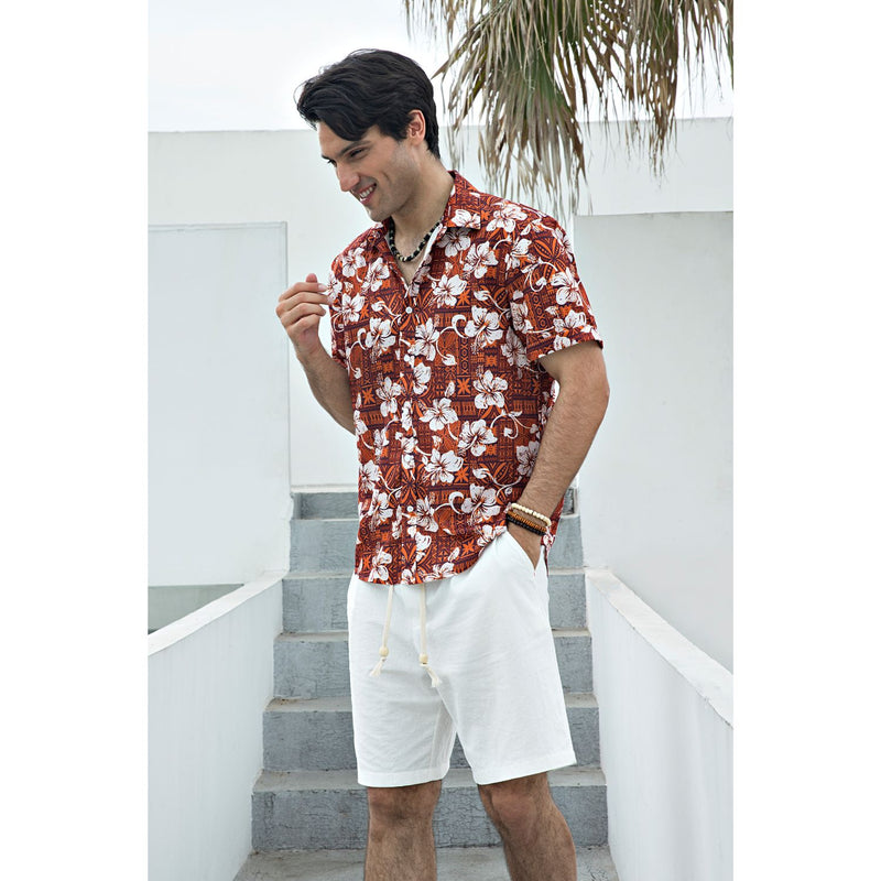 Hawaiian Tropical Shirts with Pocket - ORANGE/WHITE 