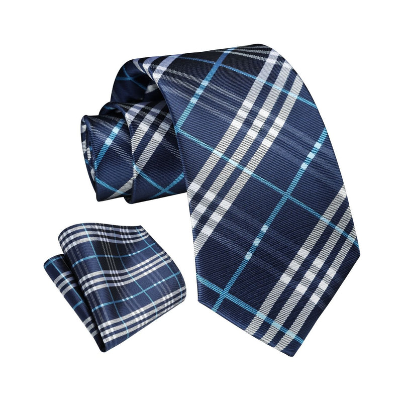 Plaid Tie Handkerchief Set - BLUE/WHITE 