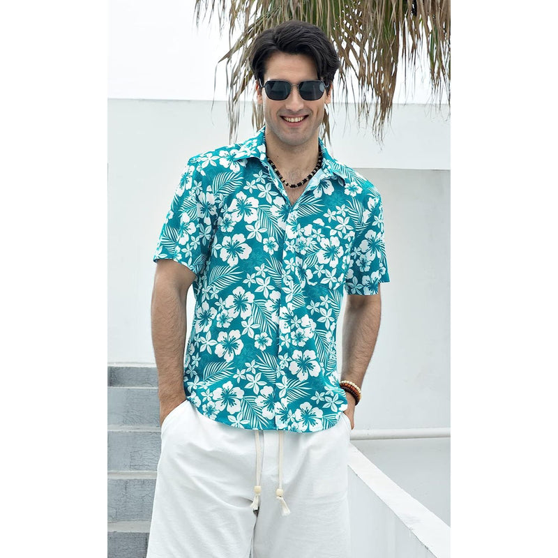 Hawaiian Tropical Shirts with Pocket - Z2-AQUA GREEN