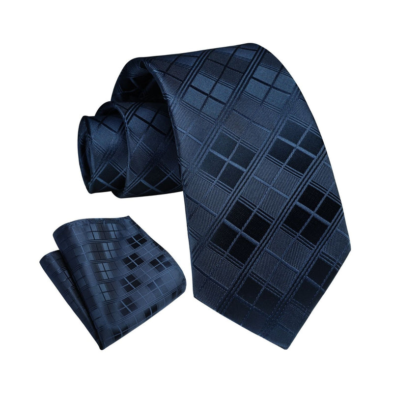 Plaid Tie Handkerchief Set - NAVY BLUE CHECKED Plaid Tie Handkerchief Set - NAVY BLUE CHECKED