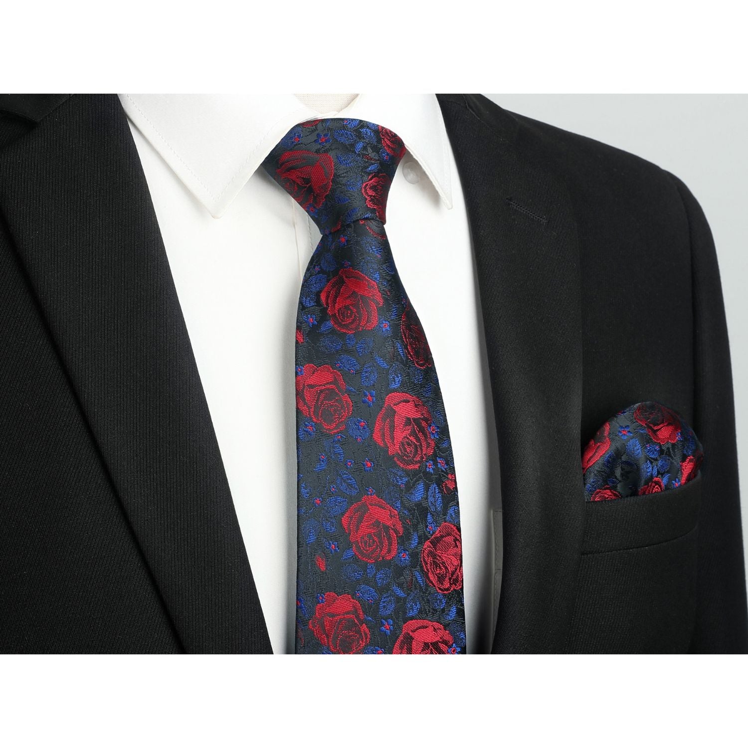 Floral Tie Handkerchief Cufflinks - 1-BLACK RED FLORAL