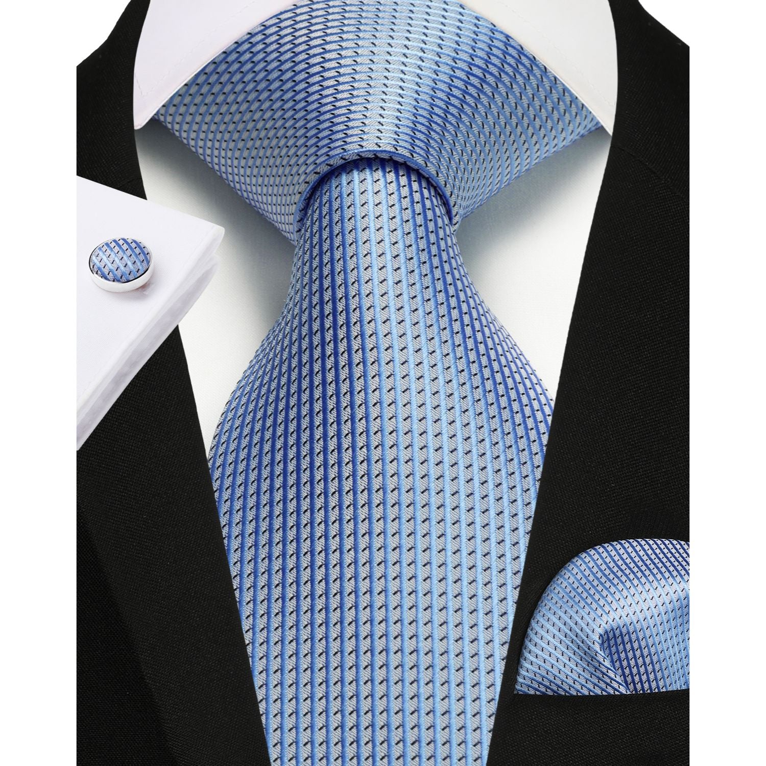 Stripe Tie Handkerchief Cufflinks - A01-LIGHT BLUE
