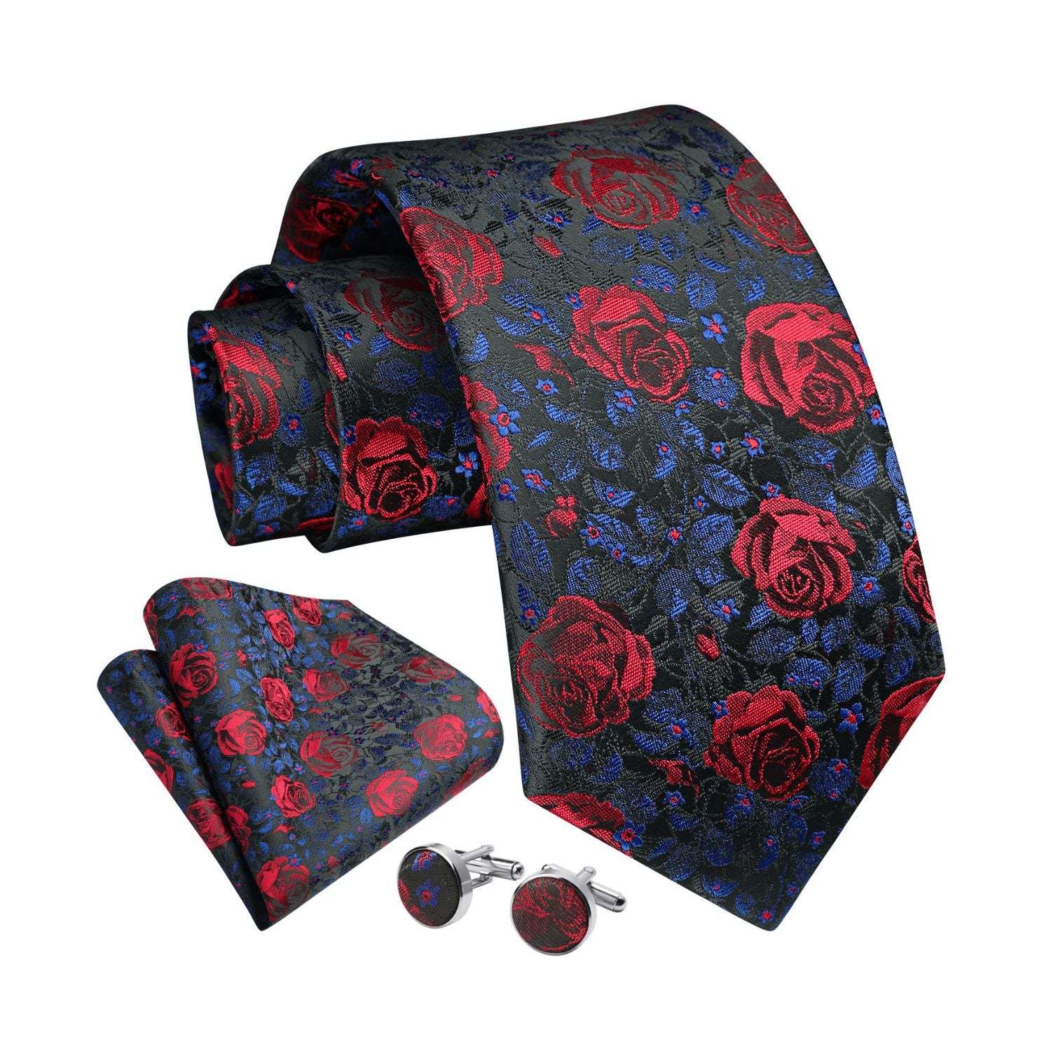 Floral Tie Handkerchief Cufflinks - 1-BLACK RED FLORAL