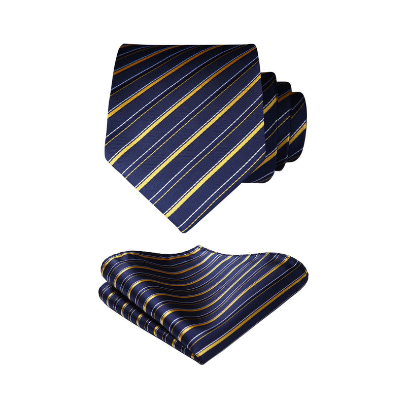 Stripe Tie Handkerchief Set - V- NAVY BLUE-8 