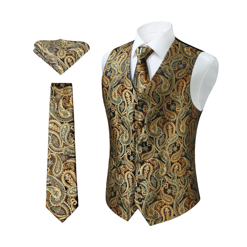 Paisley Vest Tie Handkerchief Set - GOLD