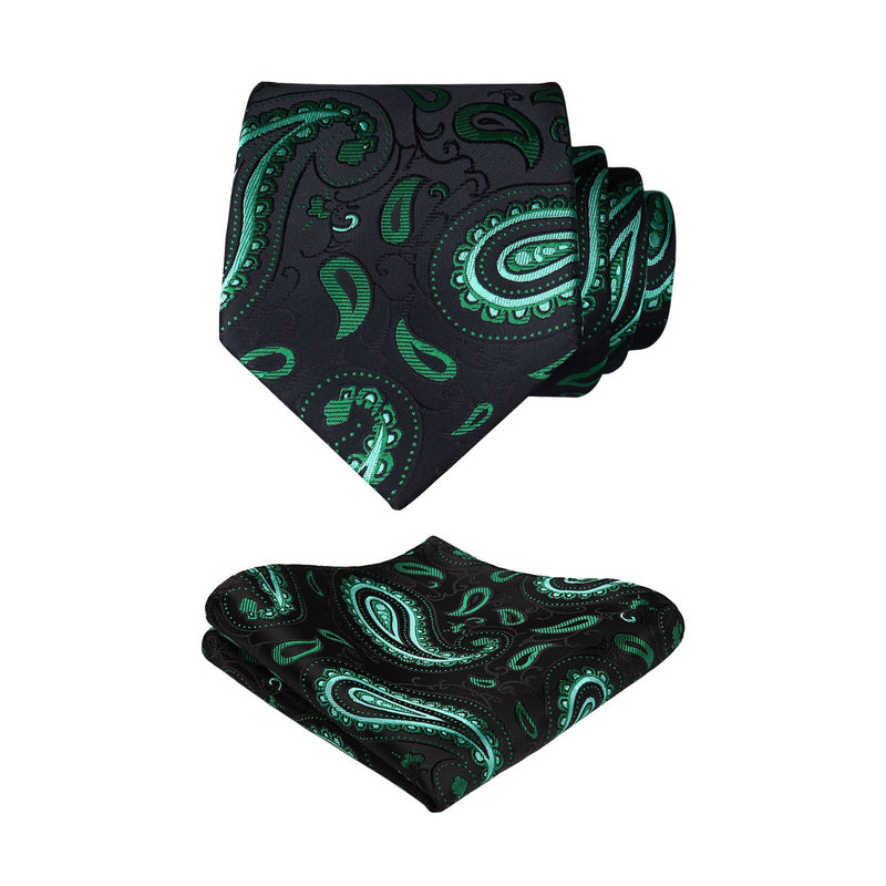 Paisley Tie Handkerchief Set - A6-GREEN/BLACK 