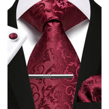 Paisley Tie Handkerchief Cufflinks Clip - D1-BURGUNDY 