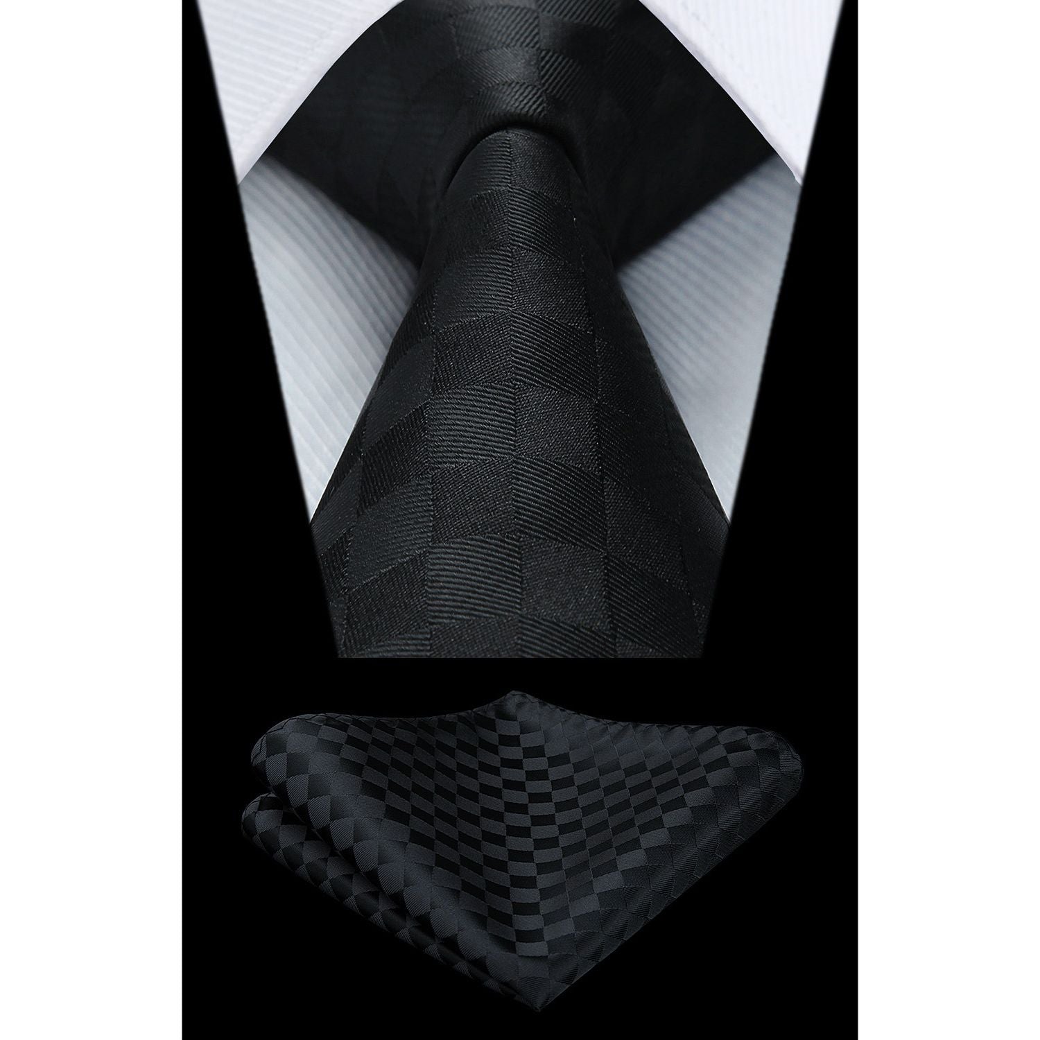 Plaid Tie Handkerchief Set - 073-BLACK GEOMETRIC