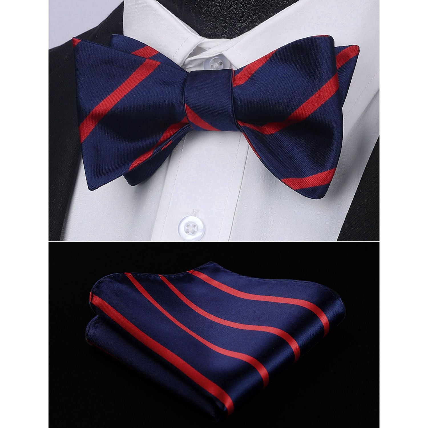 Stripe Bow Tie & Pocket Square - 05-NAVY BLUE/RED