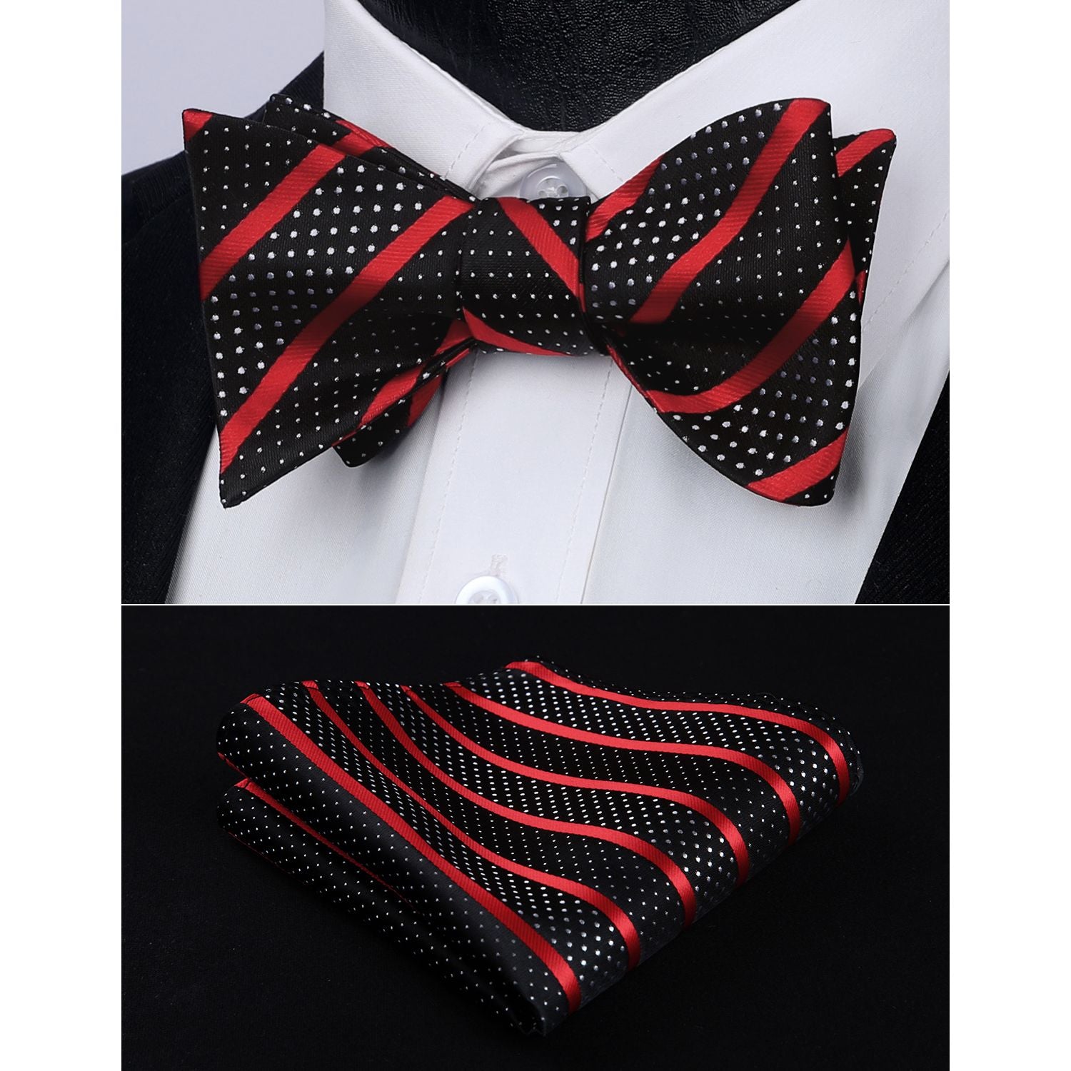 Stripe Bow Tie & Pocket Square - 02-RED/BLACK