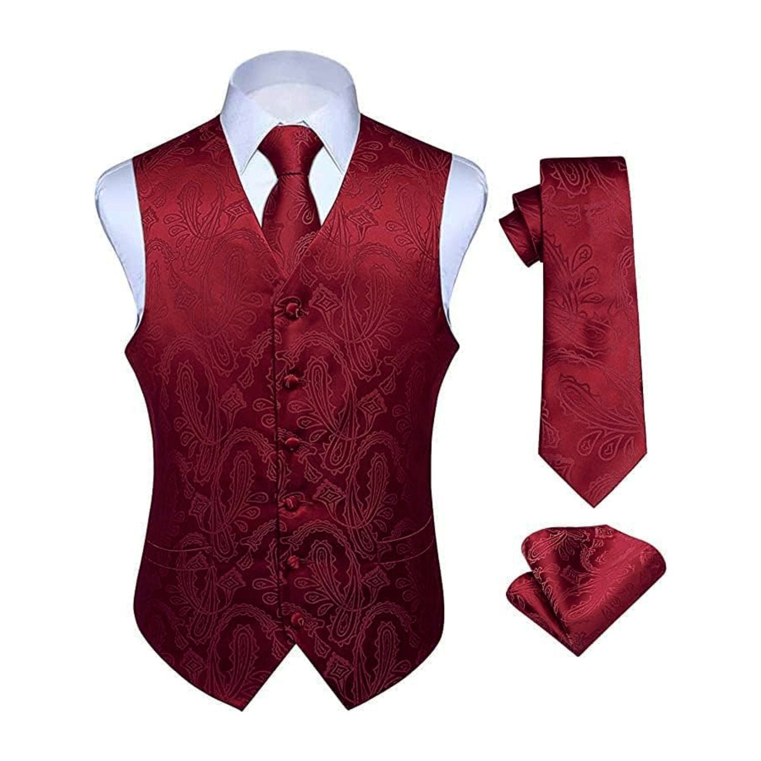 Paisley Vest Tie Handkerchief Set - BURGUNDY – Hisdern