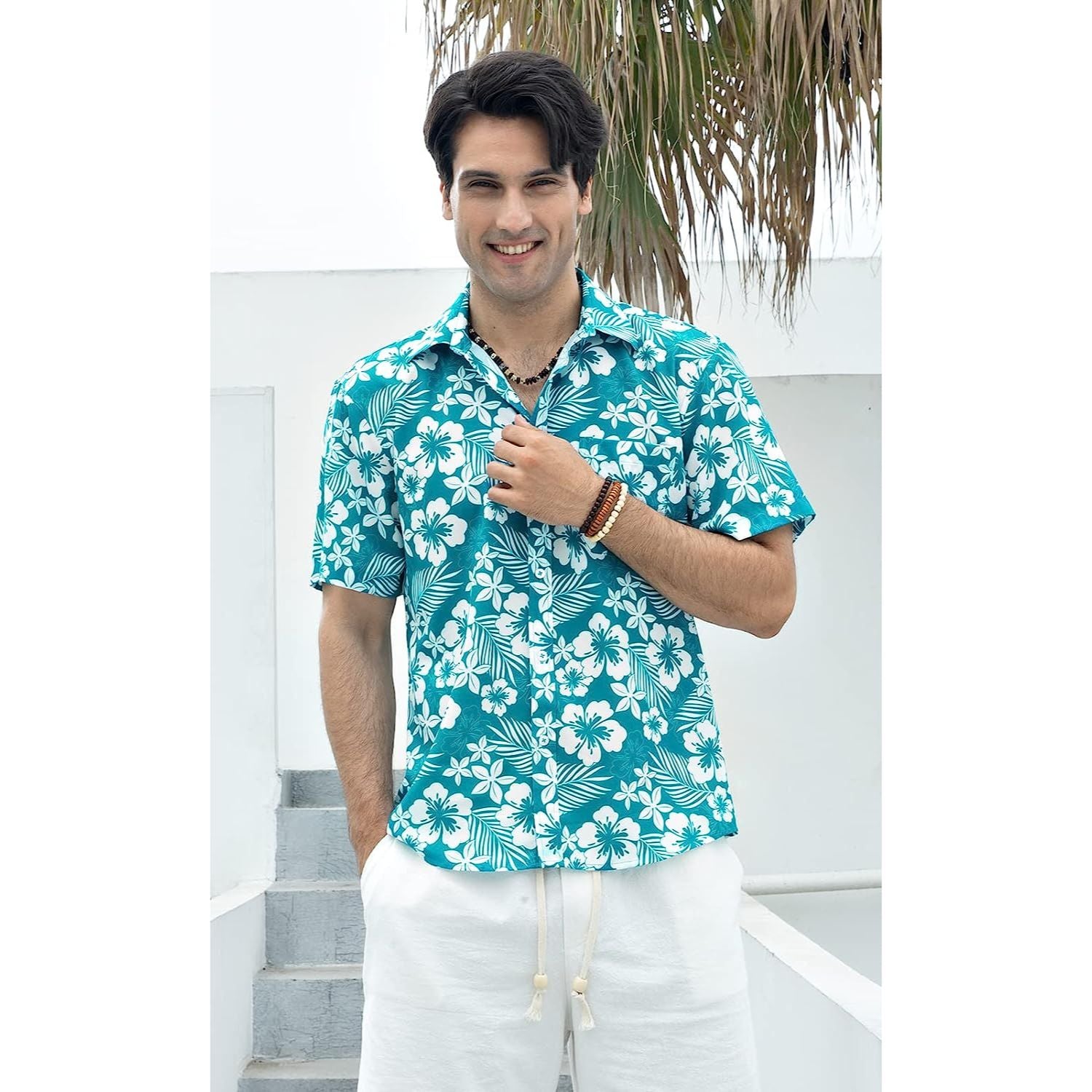 Hawaiian Tropical Shirts with Pocket - Z2-AQUA GREEN