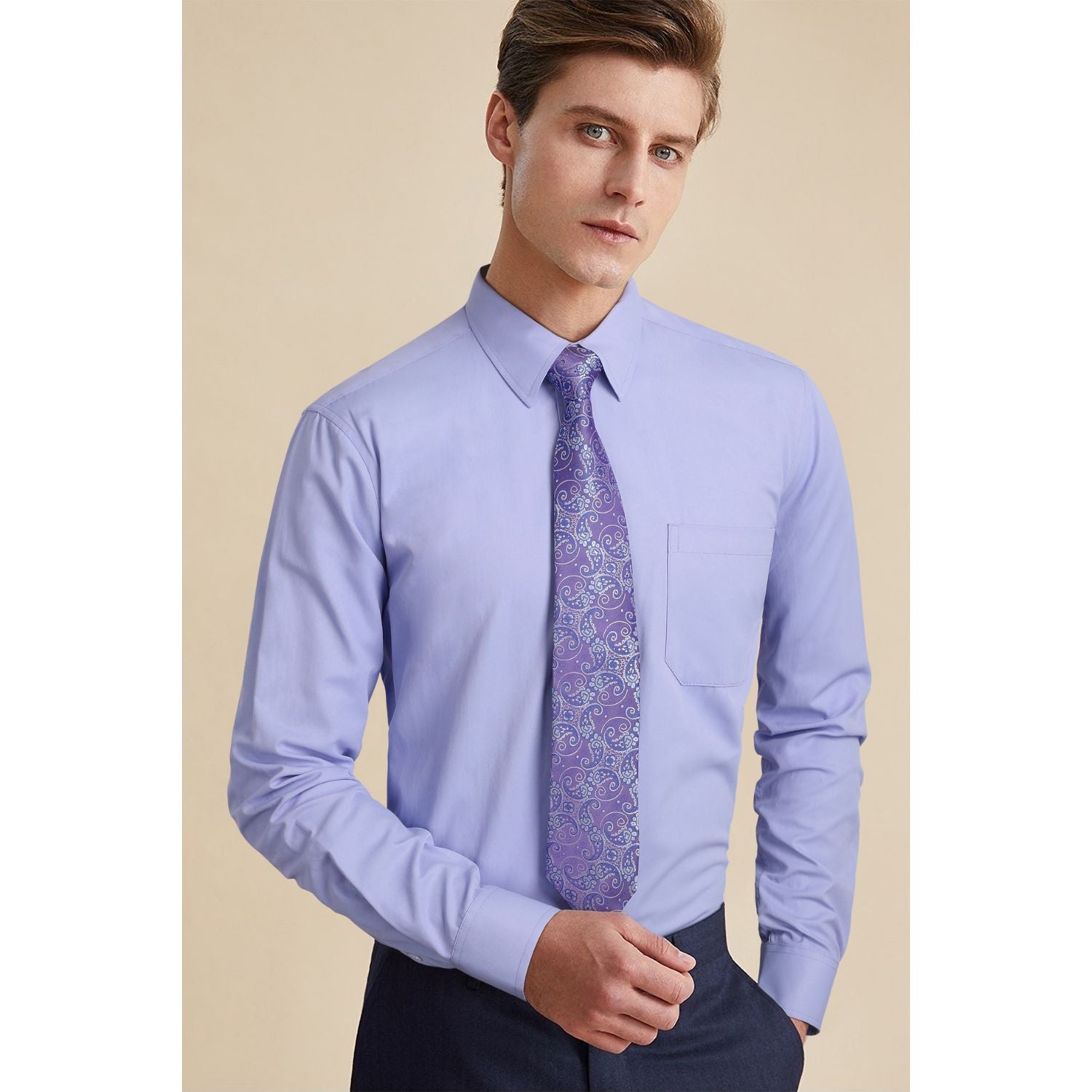 Men's Shirt with Tie Handkerchief Set - 05-LAVENDER