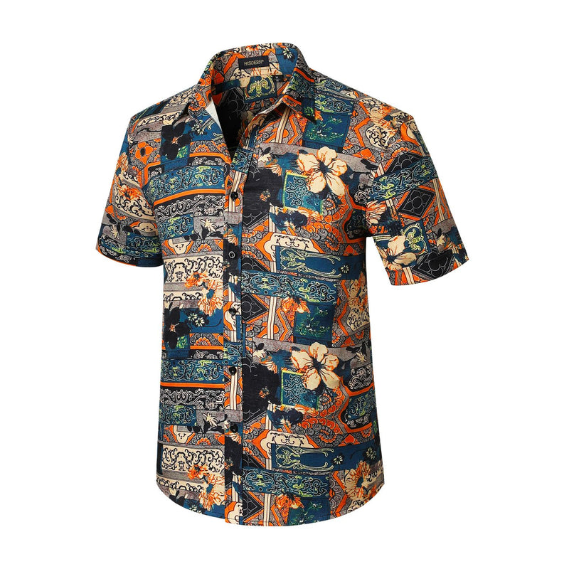 Hawaiian Tropical Shirts with Pocket - NAVY BLUE/ORANGE 