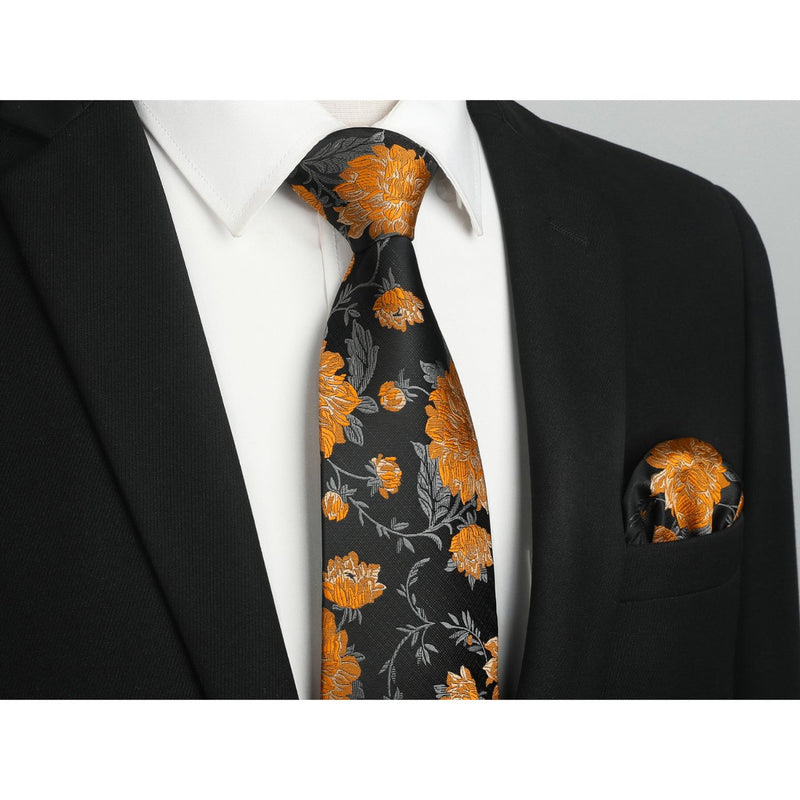 Floral Tie Handkerchief Cufflinks - 1-BLACK ORANGE FLORAL 