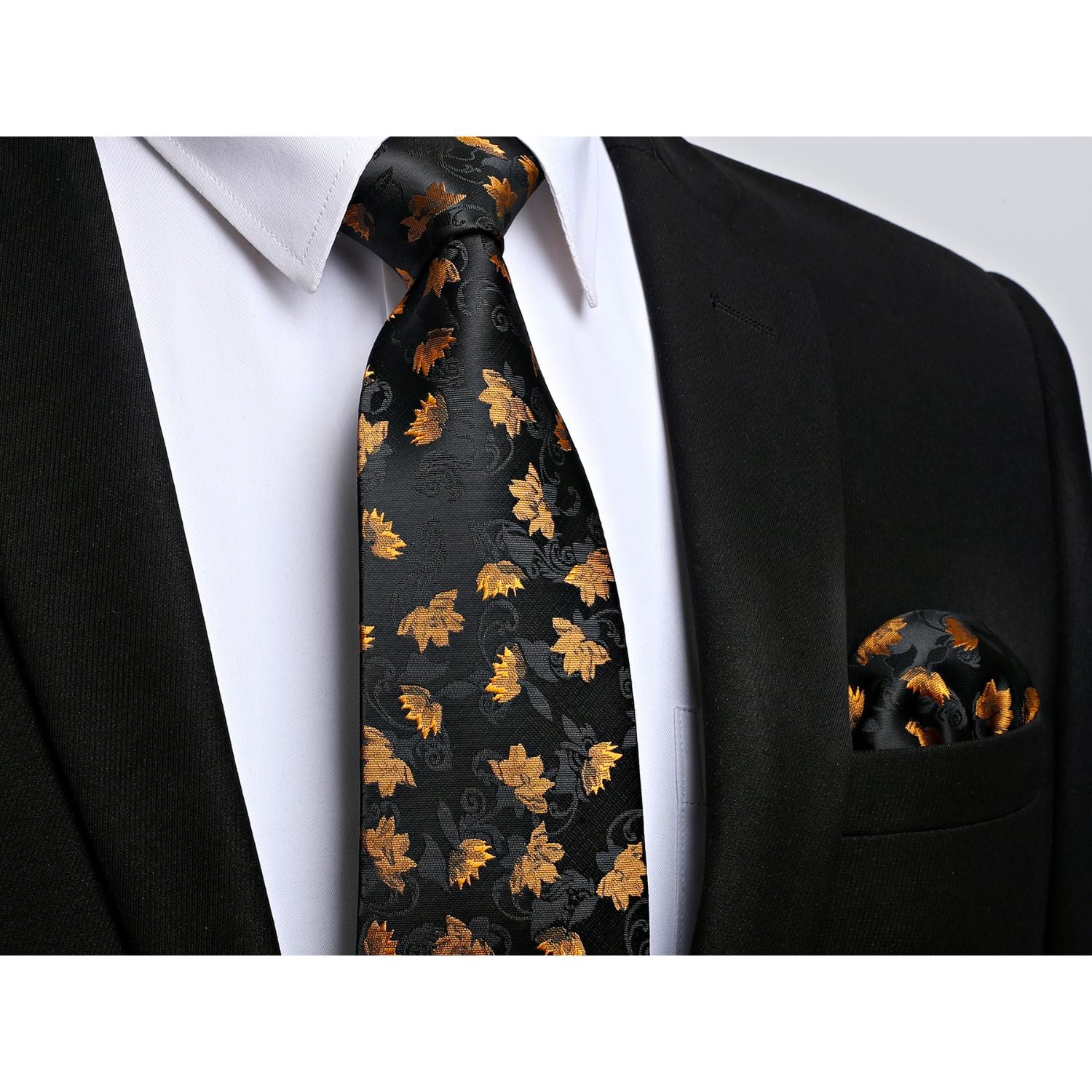 Floral Tie Handkerchief Set - 04 GOLD/BLACK