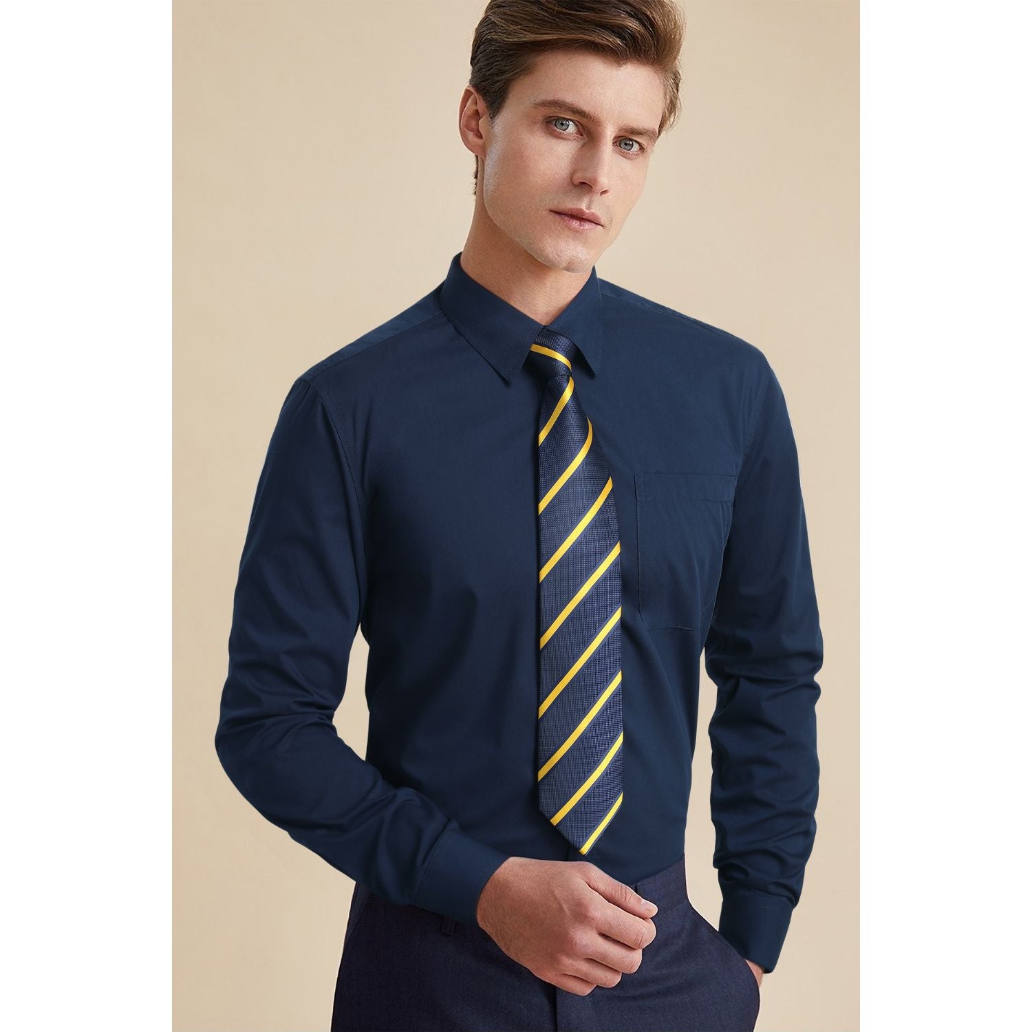 Men's Shirt with Tie Handkerchief Set - 03-NAVY BLUE