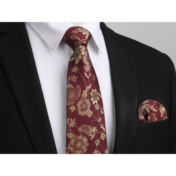 Floral Tie Handkerchief Set - 30RED/GOLD 