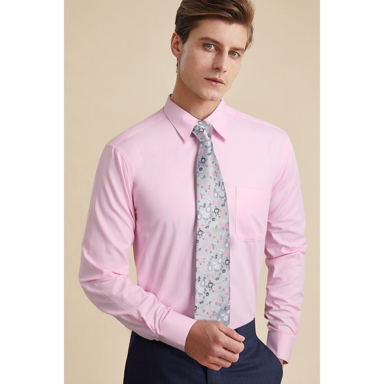 Men's Shirt with Tie Handkerchief Set - 05-PINK/FLORAL