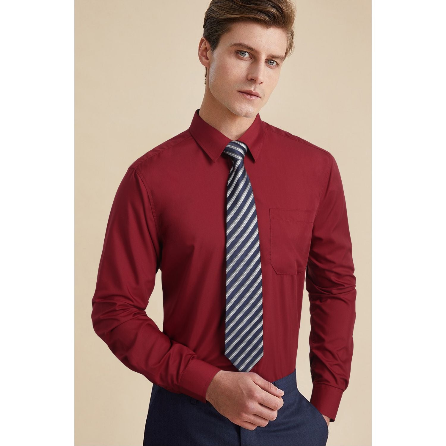 Men's Shirt with Tie Handkerchief Set - 06-DARK RED/NAVY