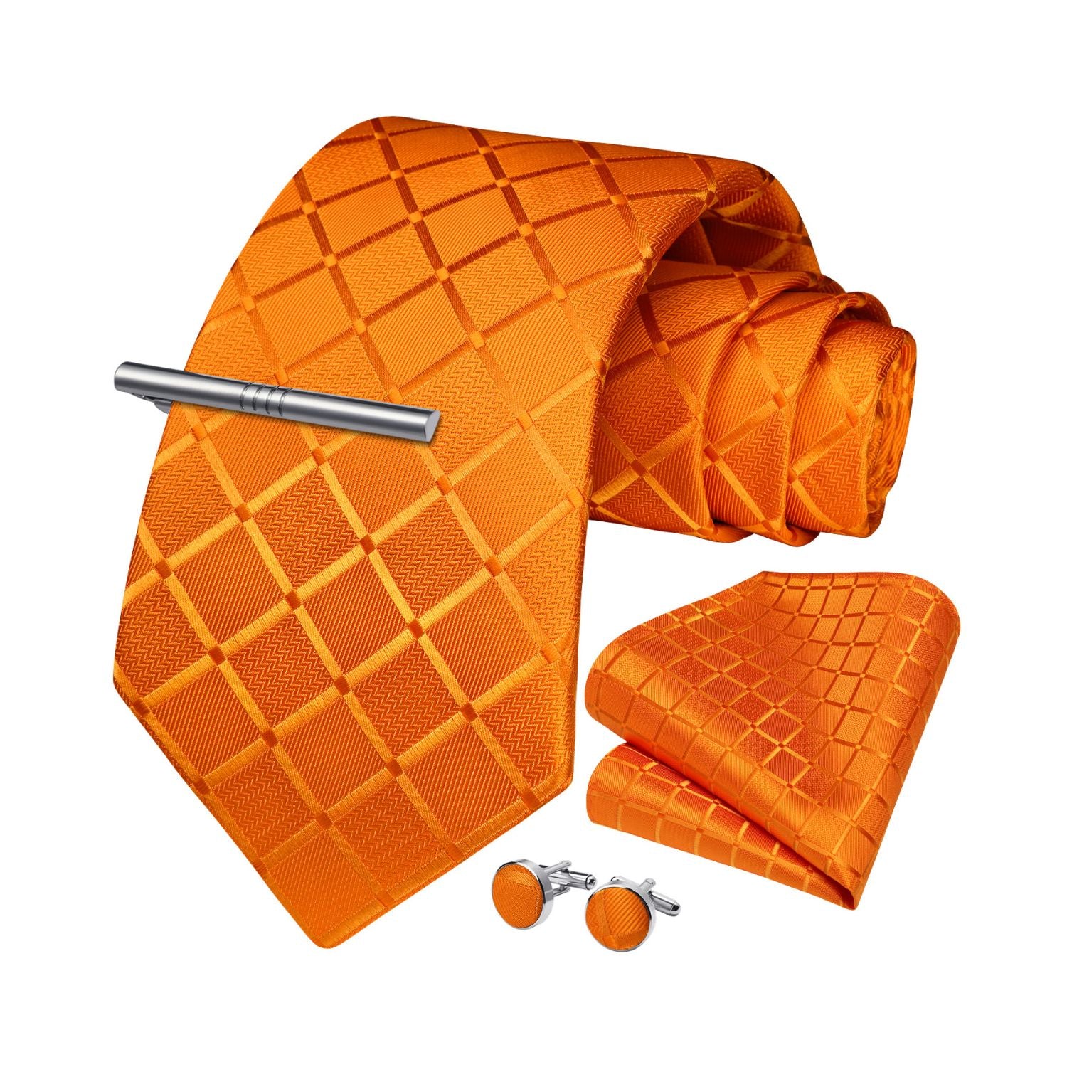 Plaid Tie Handkerchief Cufflinks Clip - BURNT ORANGE
