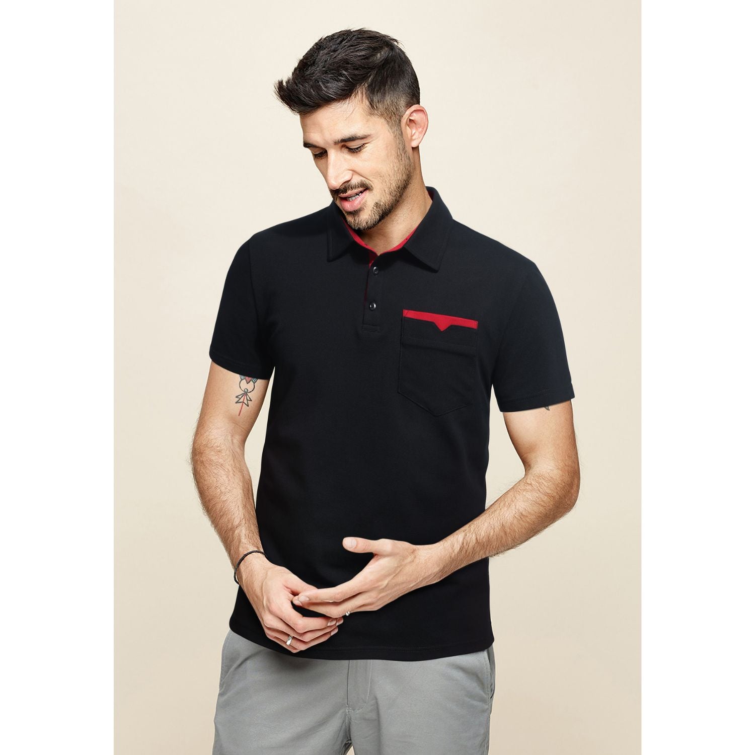 Polo Shirts Short Sleeve with Pocket - BLACK/RED