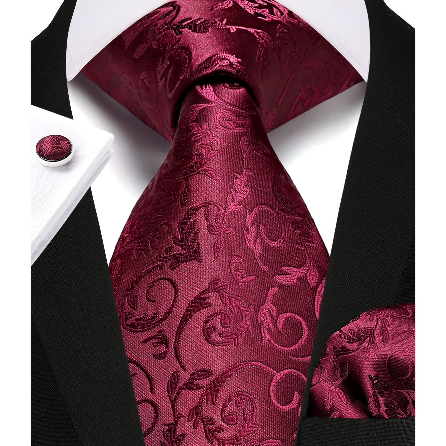 Paisley Tie Handkerchief Cufflinks - H3-BURGUNDY