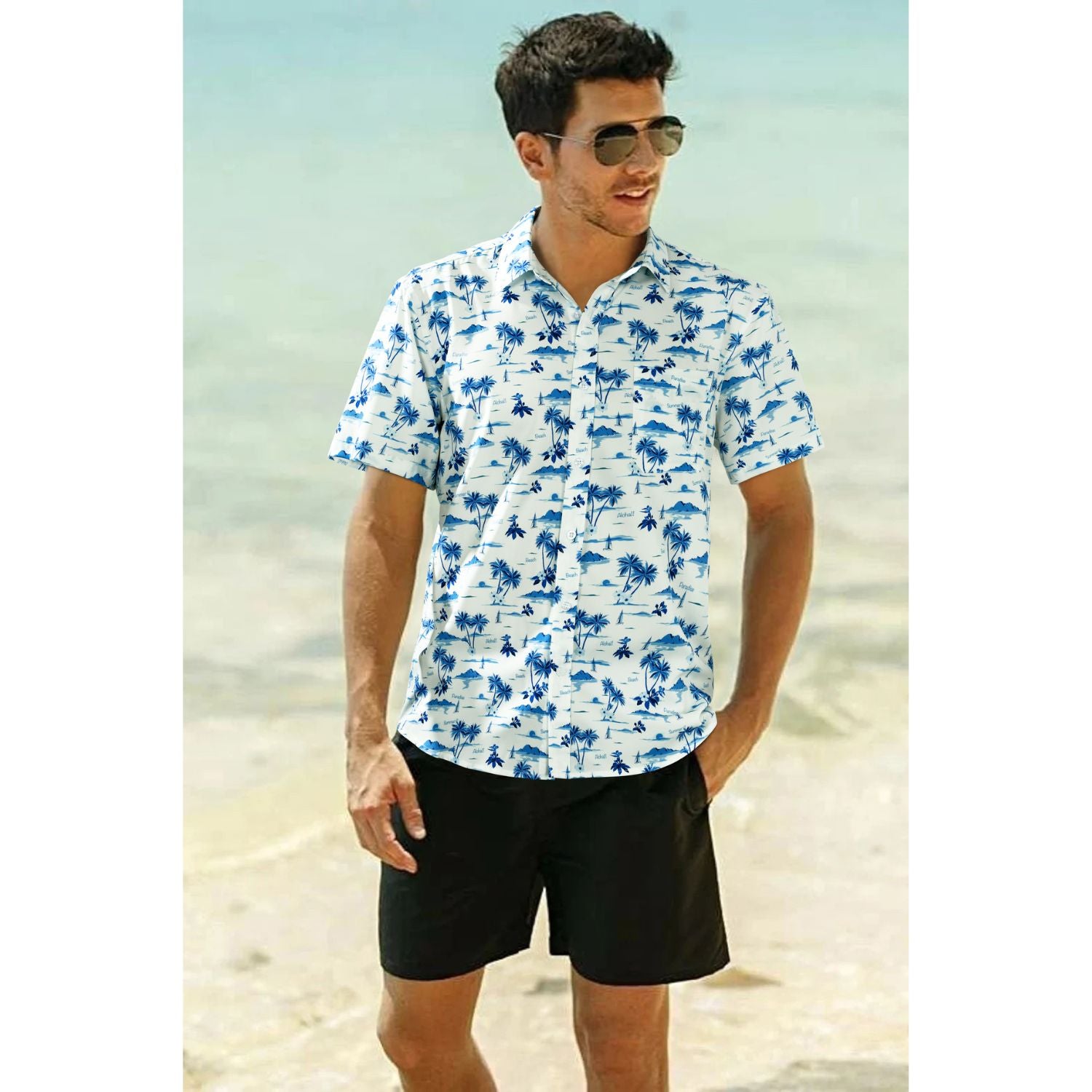 Hawaiian Tropical Shirts with Pocket - D-WHITE
