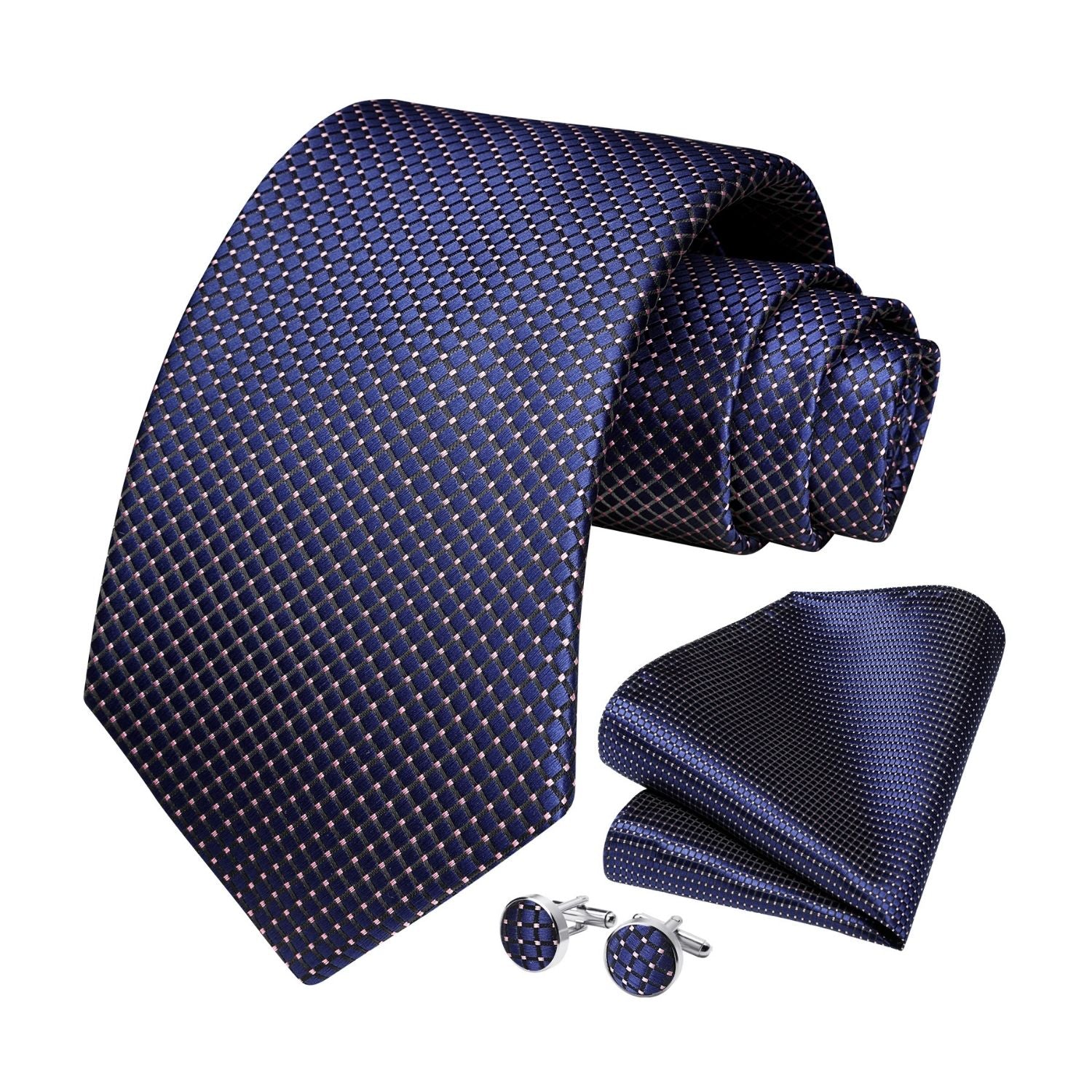 Plaid Tie Handkerchief Cufflinks - NAVY BLUE
