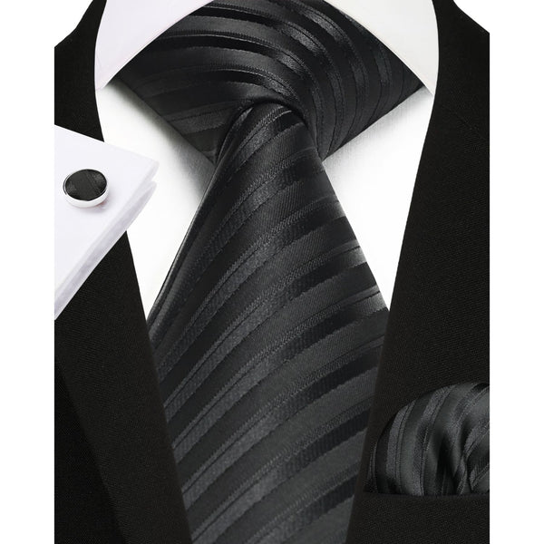 Stripe Tie Handkerchief Cufflinks - BLACK 