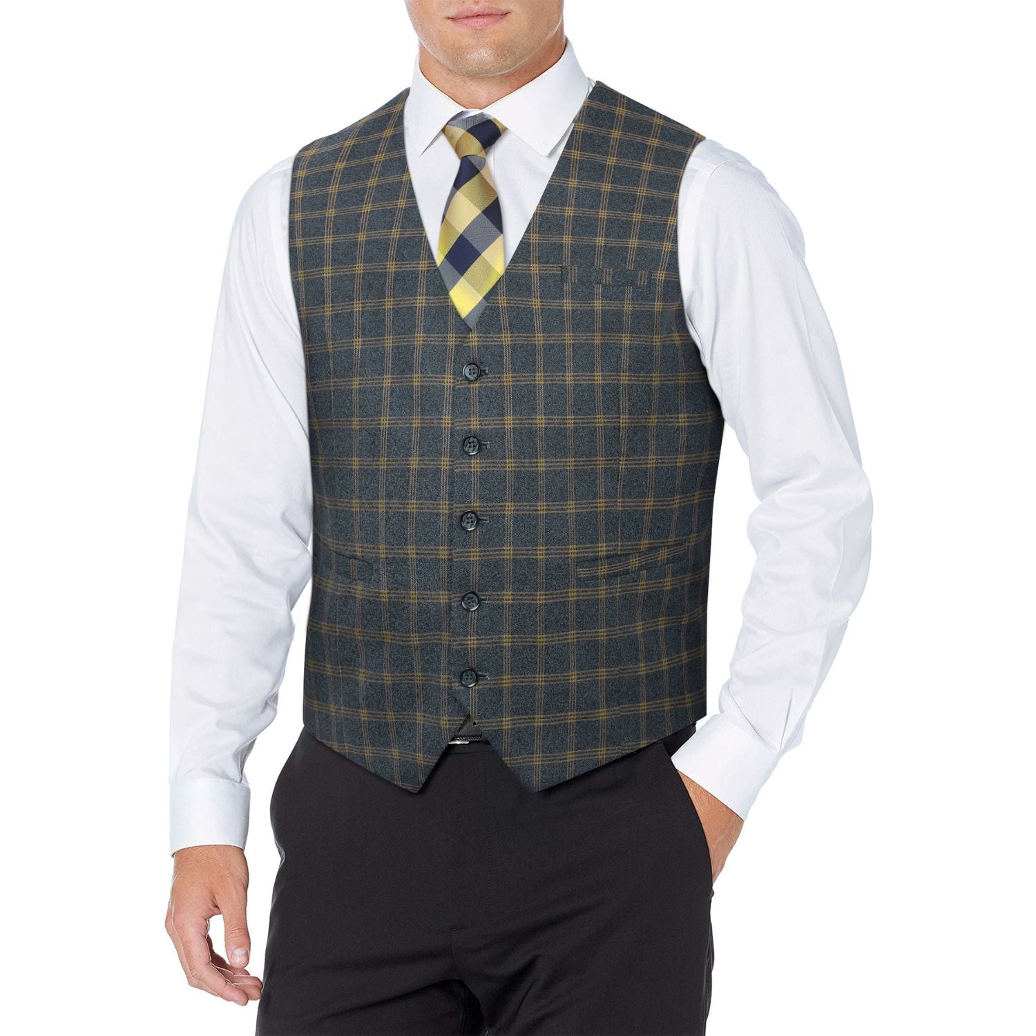 Plaid Slim Vest - B-DARK GREY