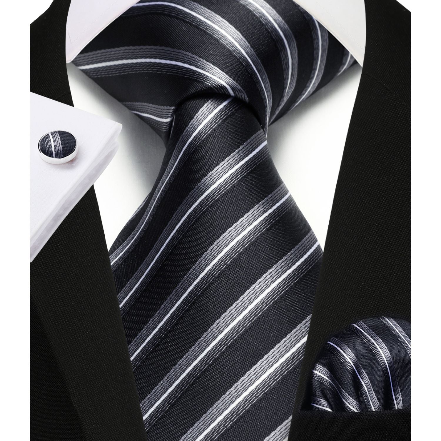 Stripe Tie Handkerchief Cufflinks - C03-BLACK/WHITE