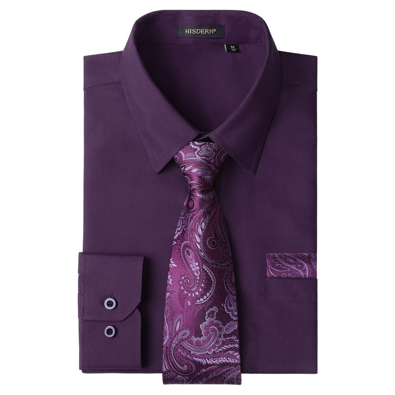 Men's Shirt with Tie Handkerchief Set - 09-PURPLE 