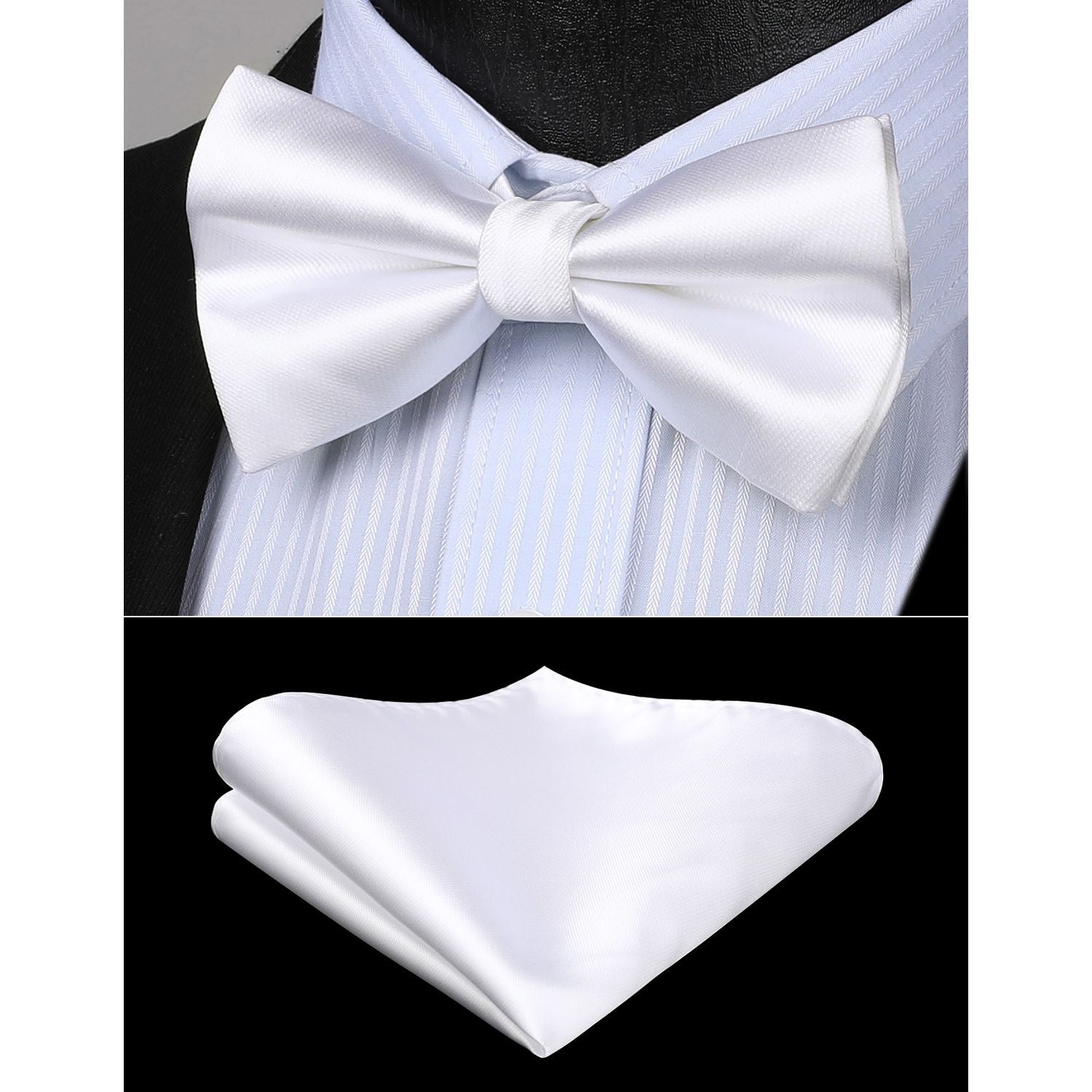 Solid Pre-Tied Bow Tie & Pocket Square - WHITE