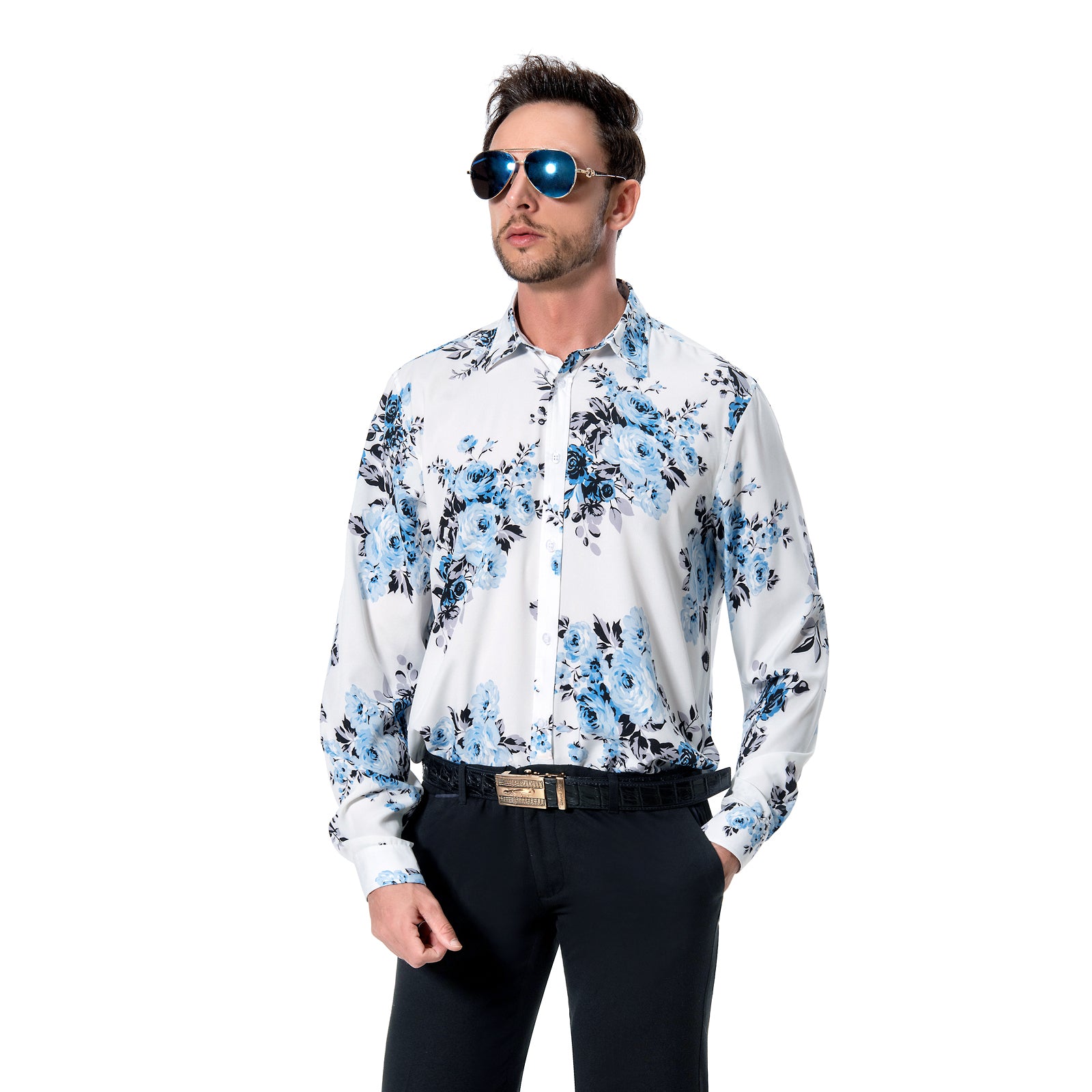 Casual Floral Fancy Shirt - Y-WHITE/BLUE
