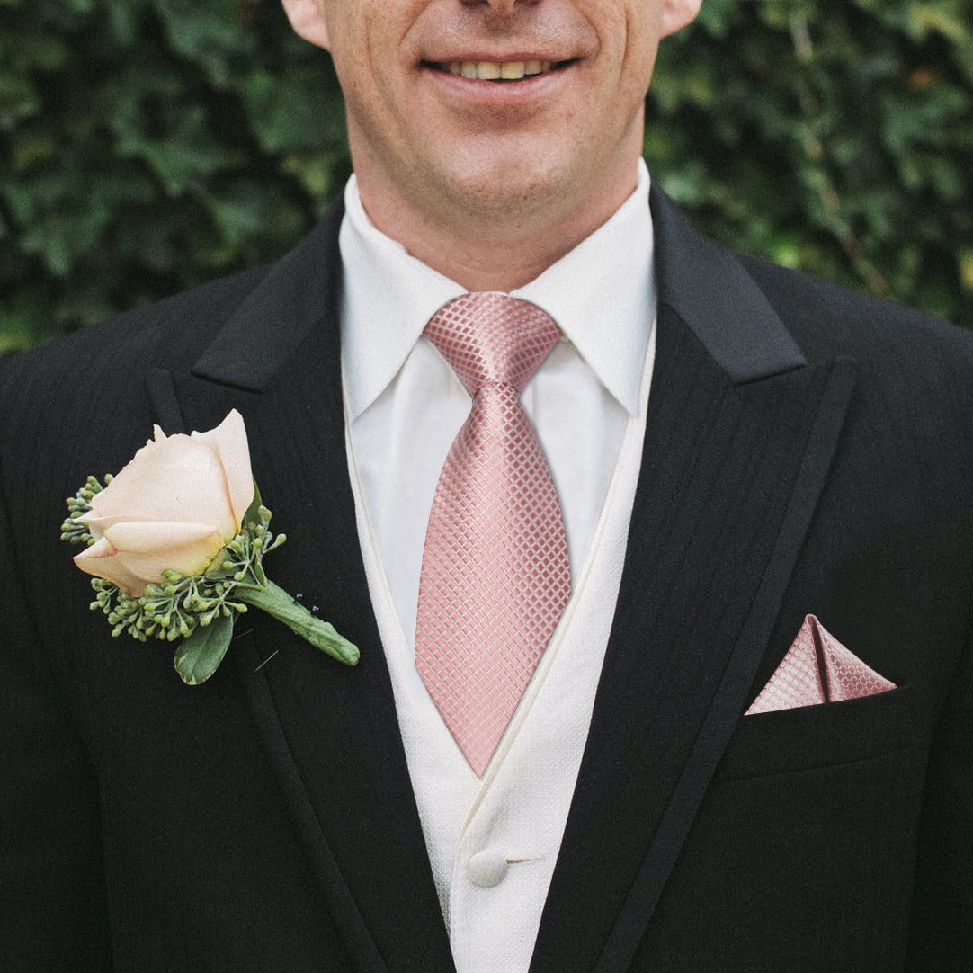 Plaid Tie Handkerchief Set - C7-PINK