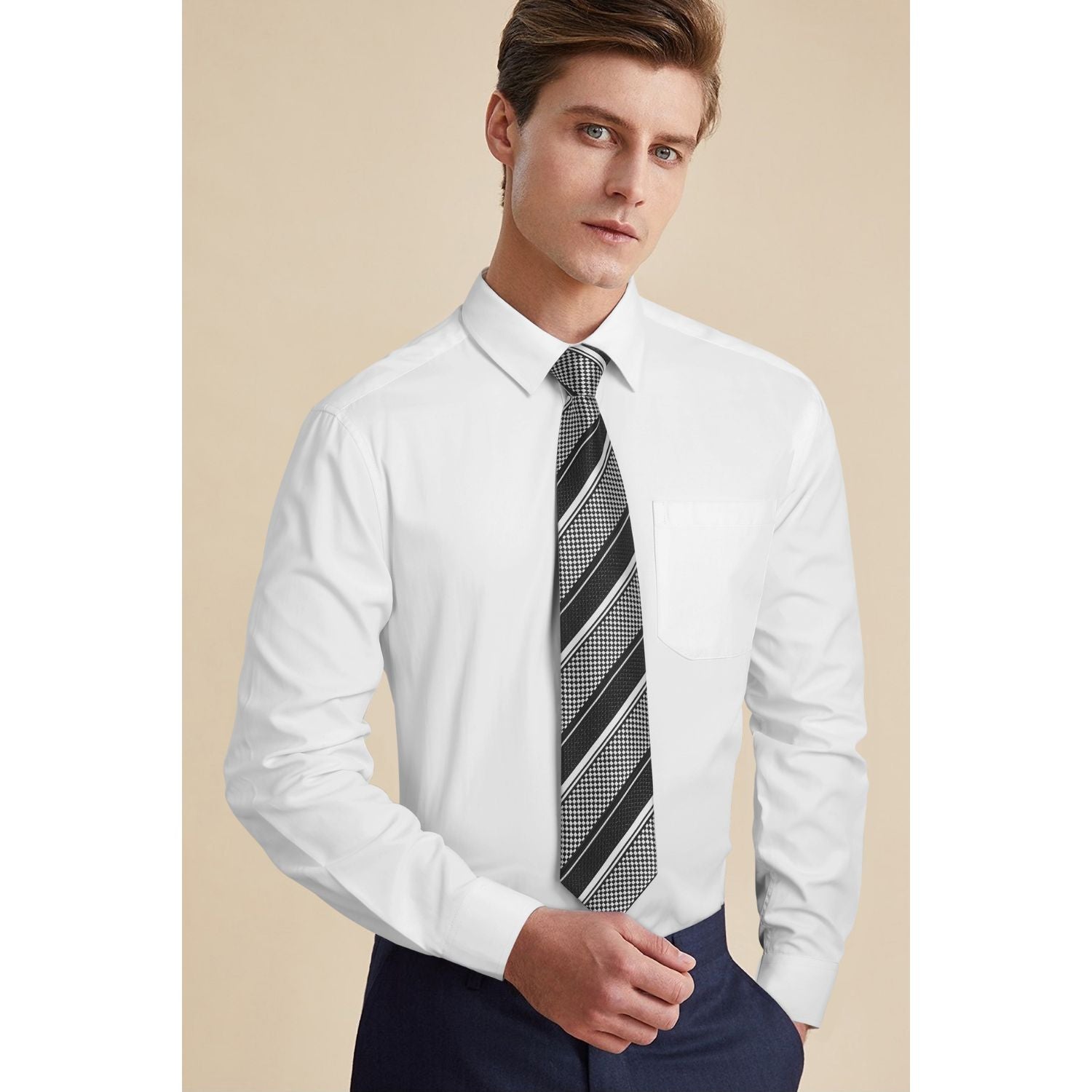 Men's Shirt with Tie Handkerchief Set - 02-WHITE/BLACK