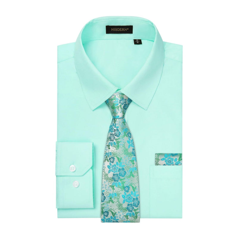 Men's Shirt with Tie Handkerchief Set - GREEN3/FLORAL