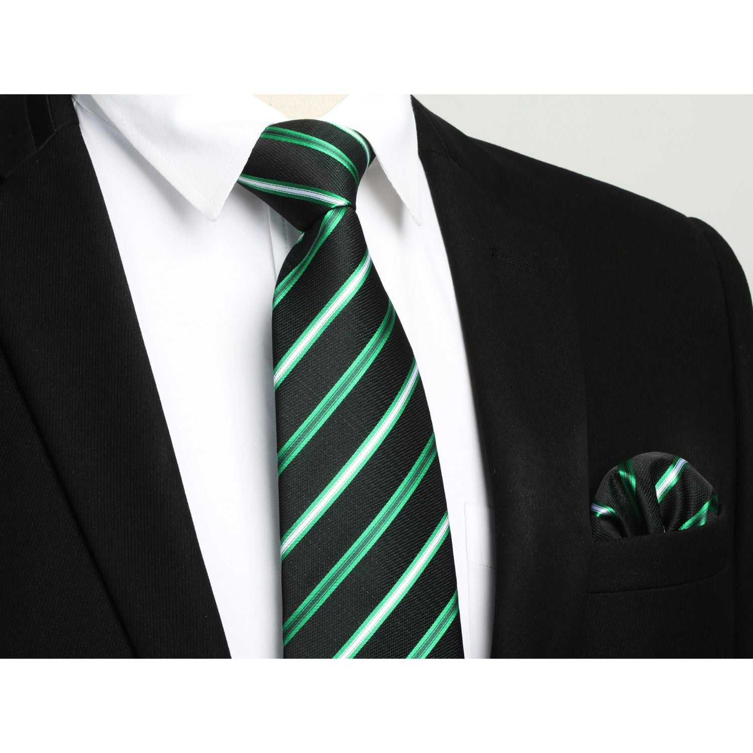 Stripe Tie Handkerchief Cufflinks - C-021 GREEN BLACK