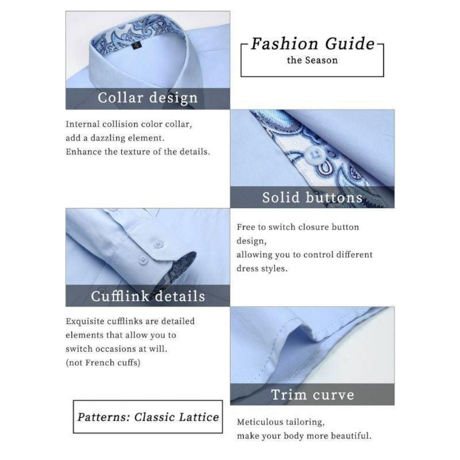 Hisdern Men's Light Blue Splicing Dress Shirt For Office Wear