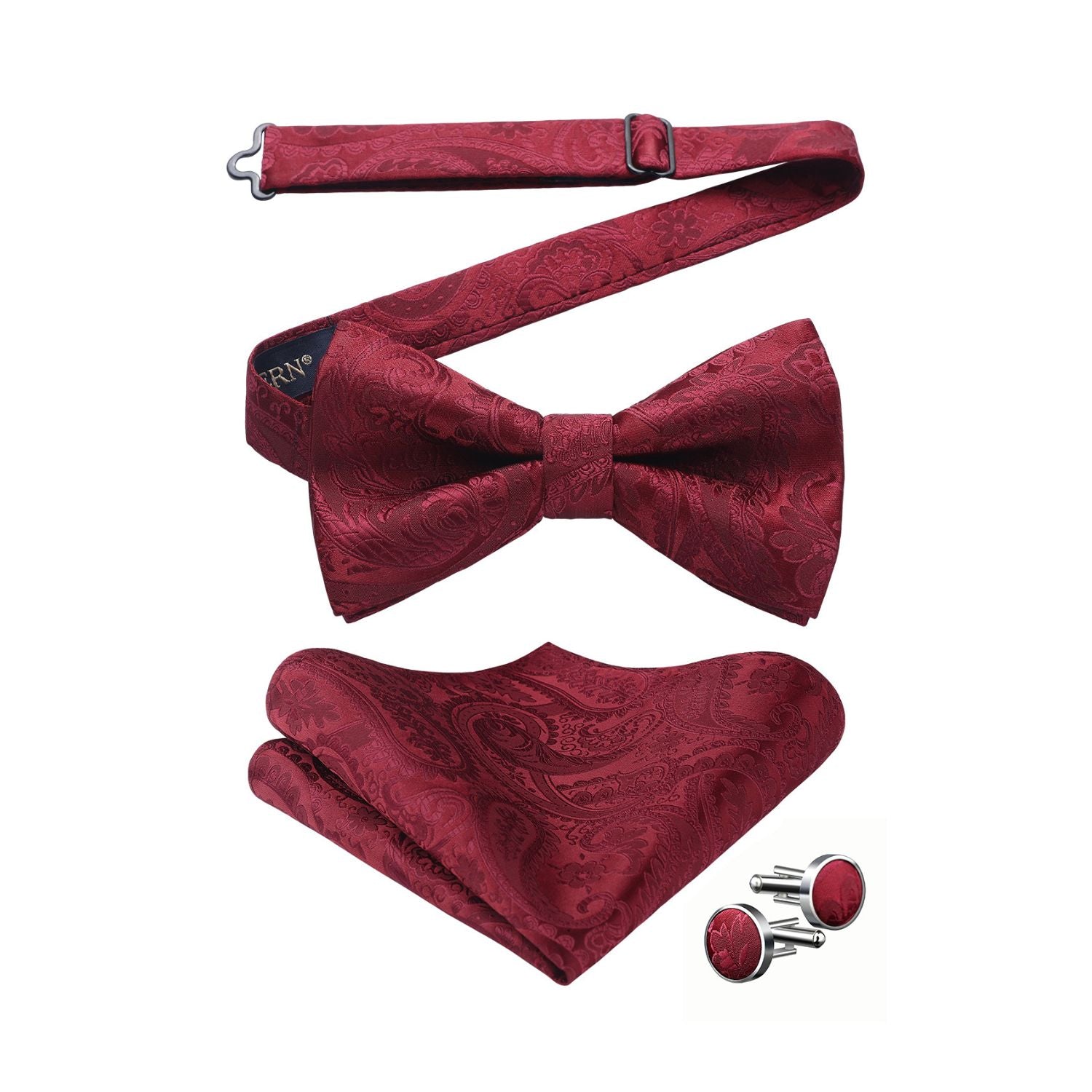 Paisley Pre-Tied Bow Tie Pocket Square Cufflinks - BURGUNDY