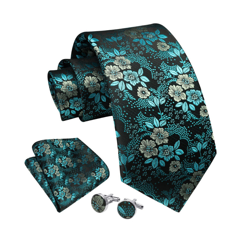 Floral Tie Handkerchief Cufflinks - 1-NAVY BLUE FLORAL 