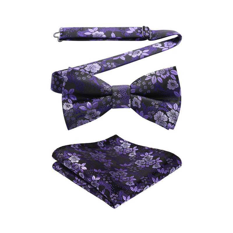 Floral Pre-Tied Bow Tie & Pocket Square - D-PURPLE 6 