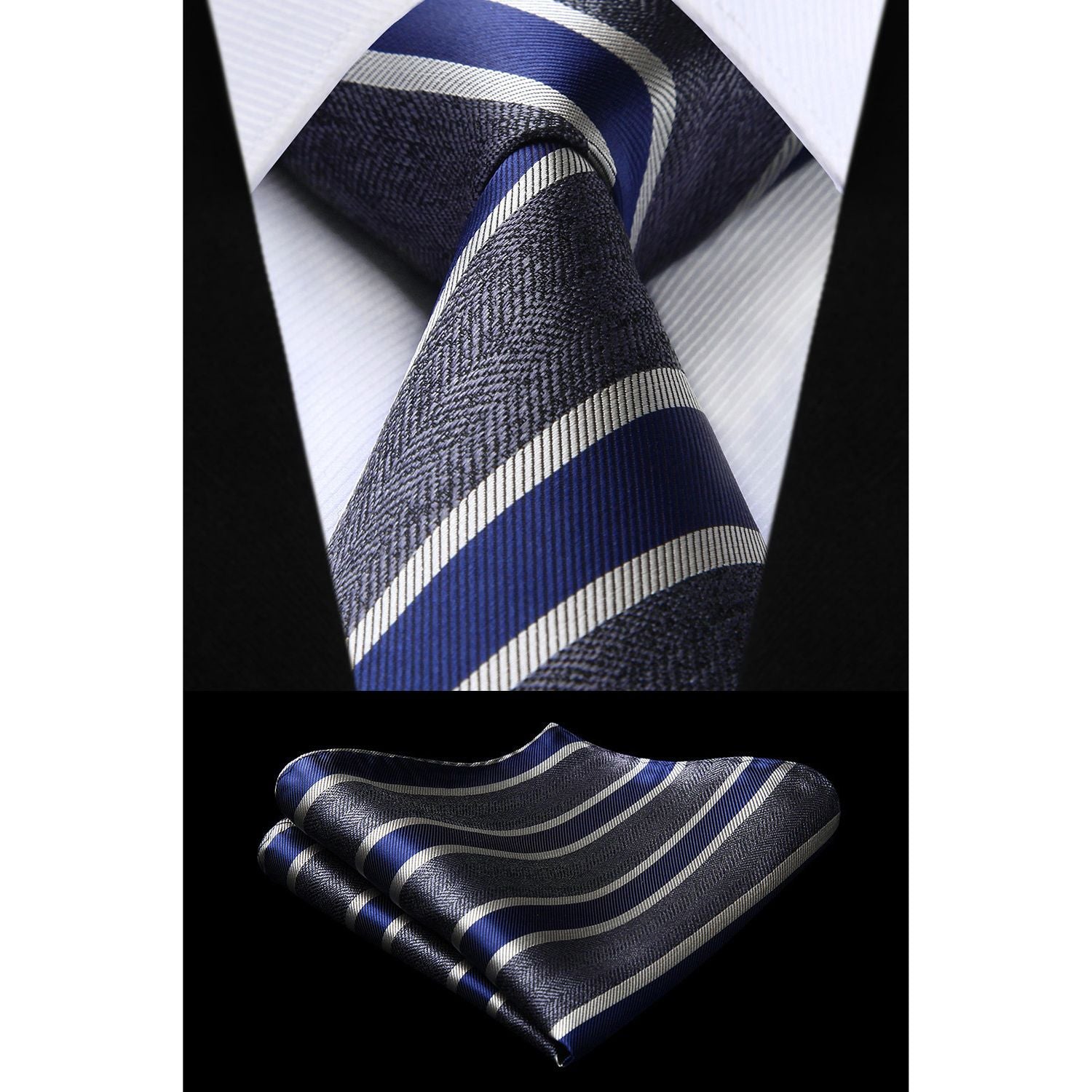 Stripe Tie Handkerchief Set - A-CHARCOAL/NAVY BLUE/GRAY