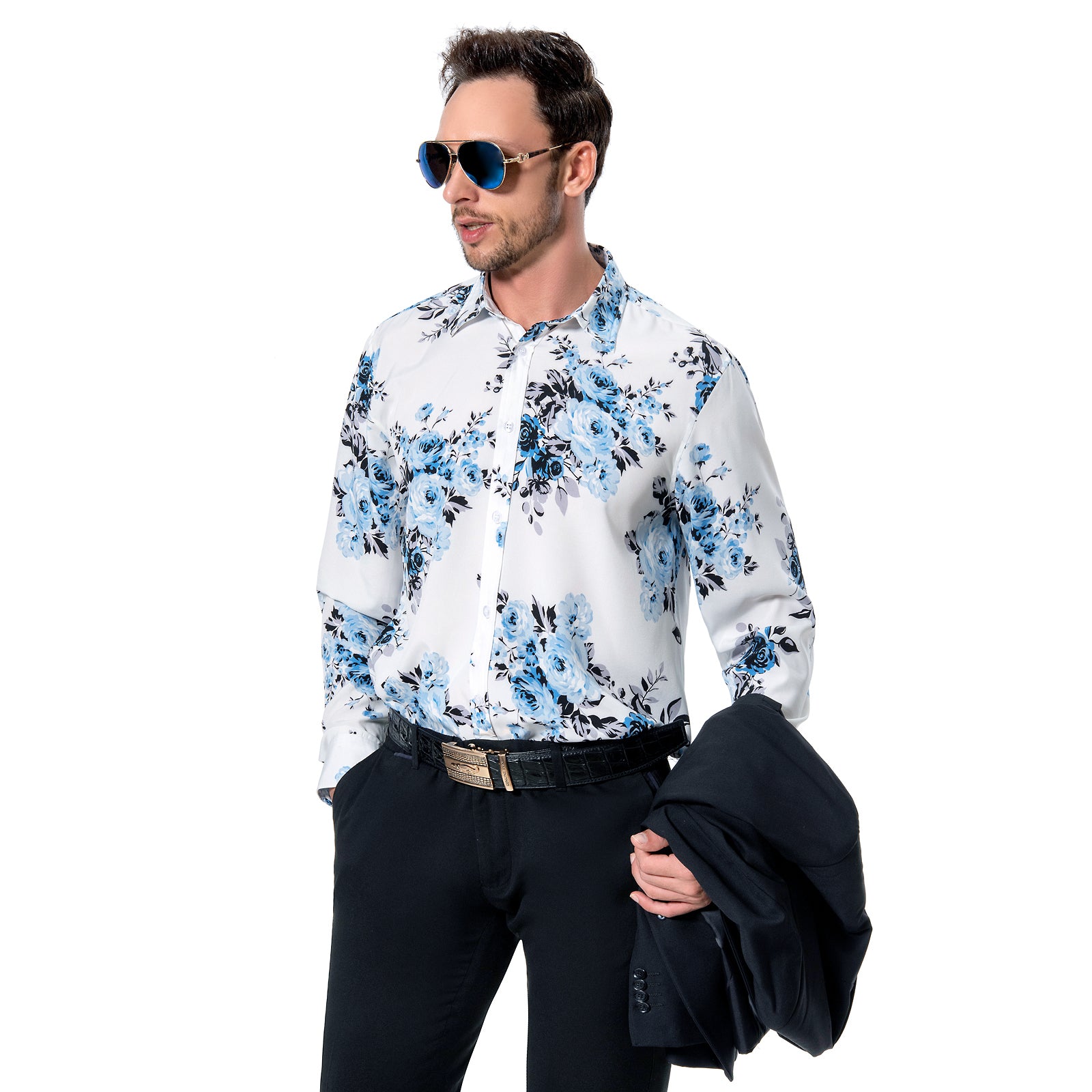 Casual Floral Fancy Shirt - Y-WHITE/BLUE