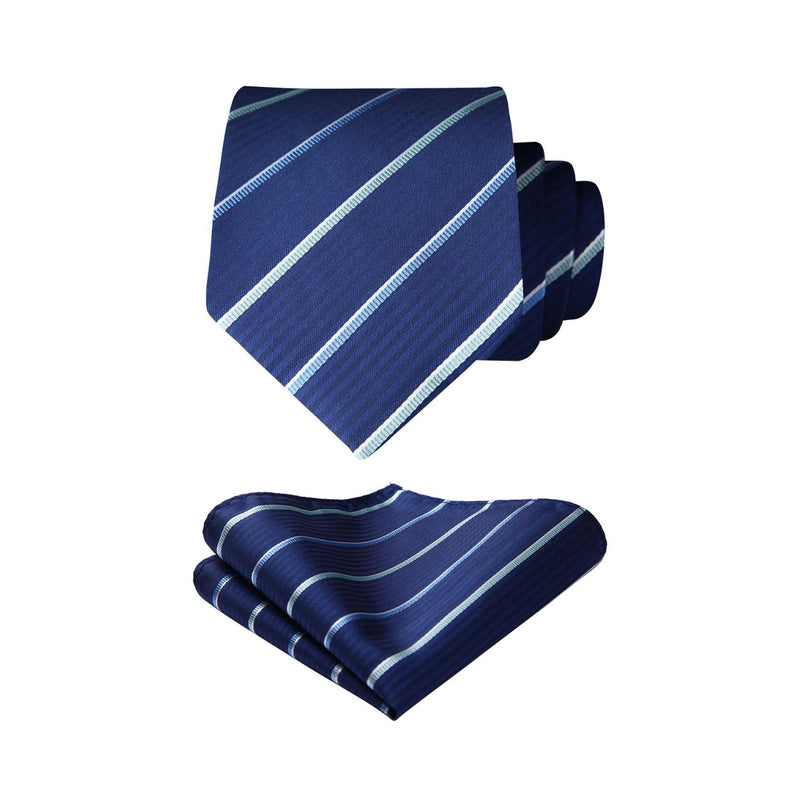 Stripe Tie Handkerchief Set - V- NAVY BLUE-10 